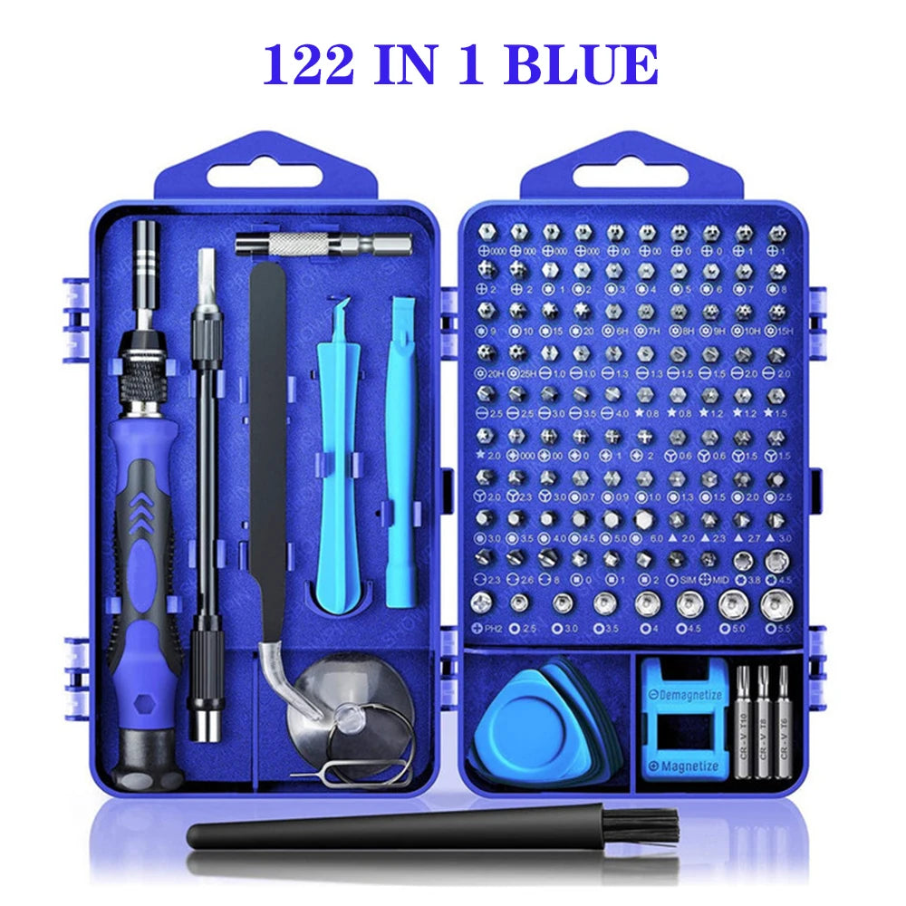 Blue 122-in-1 tool set with various tools and bits on a white background