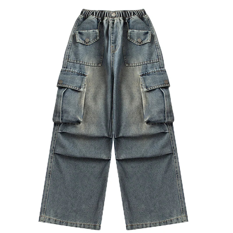 Blue denim cargo pants on a white background
