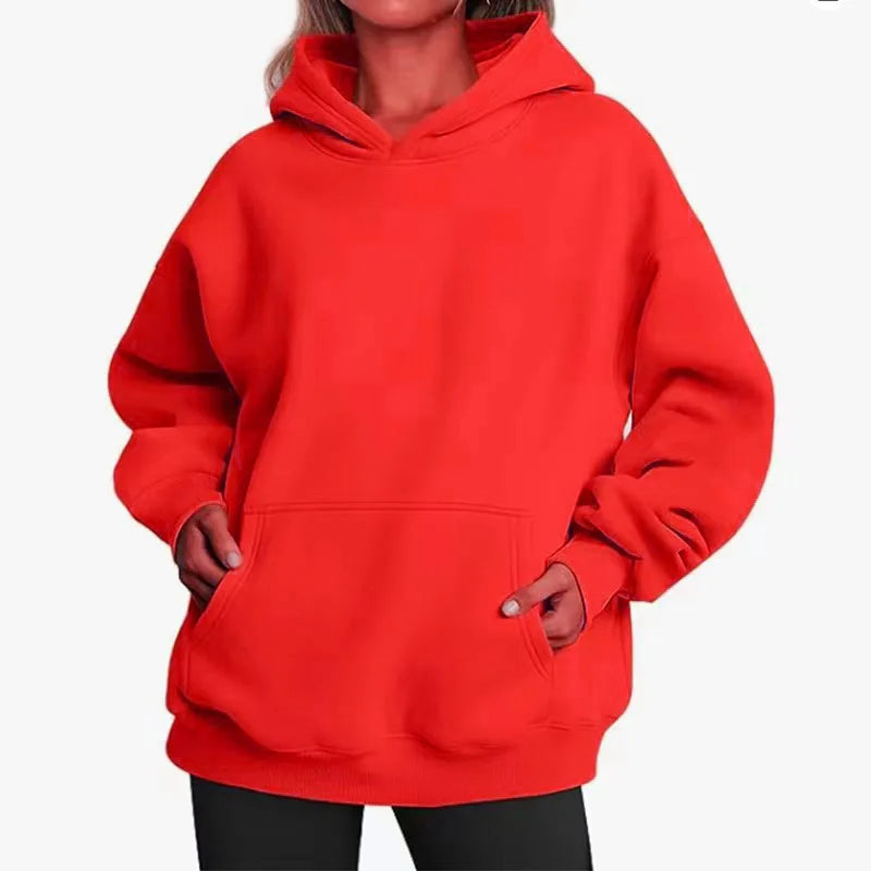 Red hoodie worn by a person on a white background