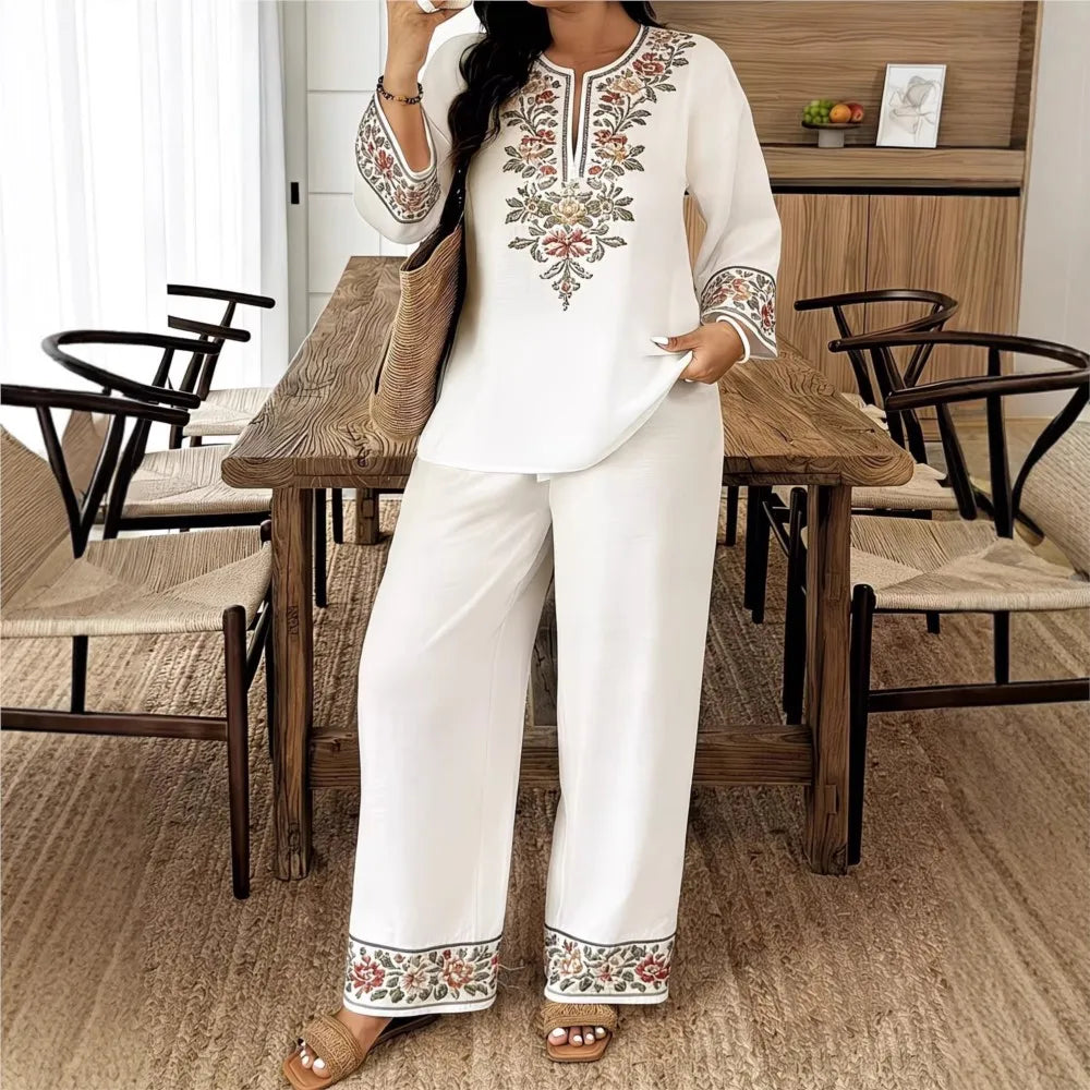 Fashion Retro Printed Long-sleeved O Neck Shirt And Trousers Women's Suit Autum Loose Simple Ethnic Female Trousers 2-piece Set