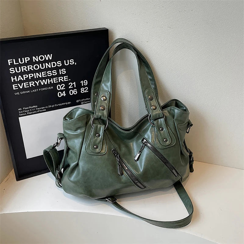 Glossy PU Designed Rivet Zipper One Shoulder Bag Large Capacity Versatile Tote Bags Delicate Soft All-Match Crossbody Packs