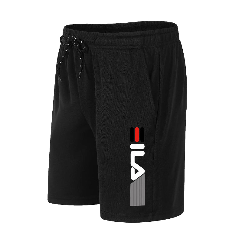 Black shorts with a logo on the side against a white background