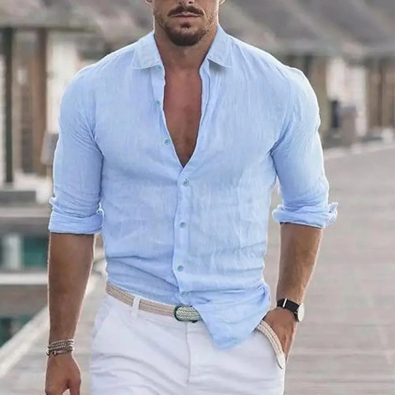 Men’s casual cotton linen polo neck long sleeve shirt in solid color, perfect for beach and holiday wear, lightweight and breathable fabric.-8