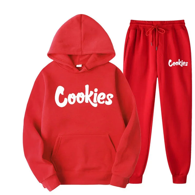 Red 'Cookies' hoodie and sweatpants set on a white background