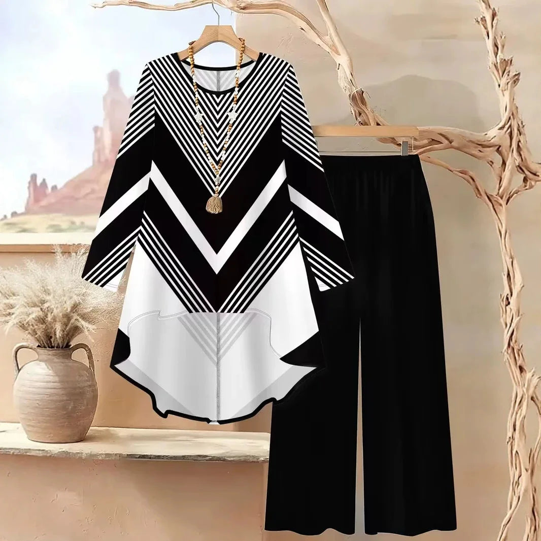 Casual Plus Size 2 Piece Set Women Outfit 2026 Fall Winter Summer Long Sleeve Floral Print Blouse Tops And Wide Leg Pant Sets
