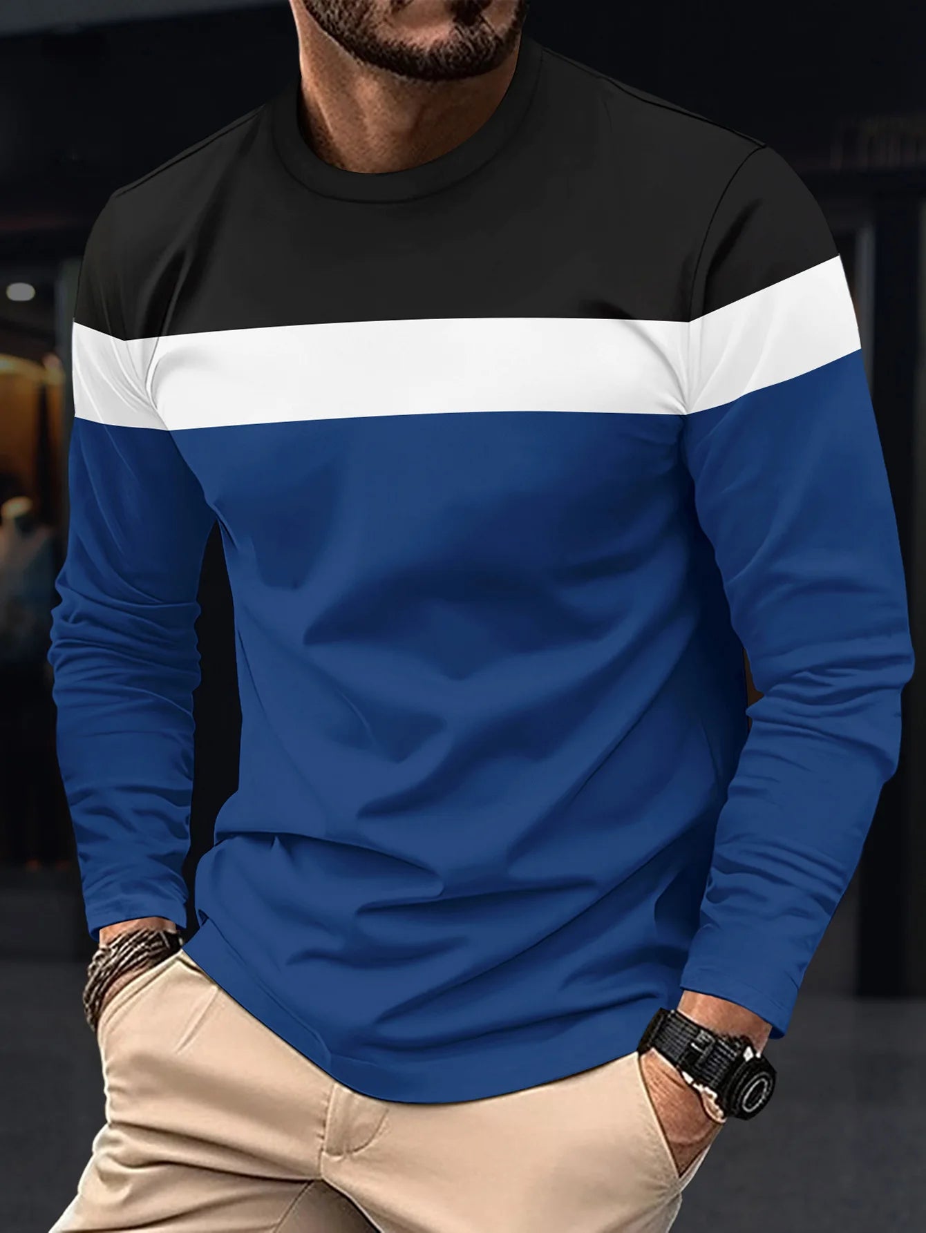 New Men's Casual Round Neck T-shirt Breathable, Comfortable, and Fashionable Long Sleeved T-shirt trend versatile casual tops