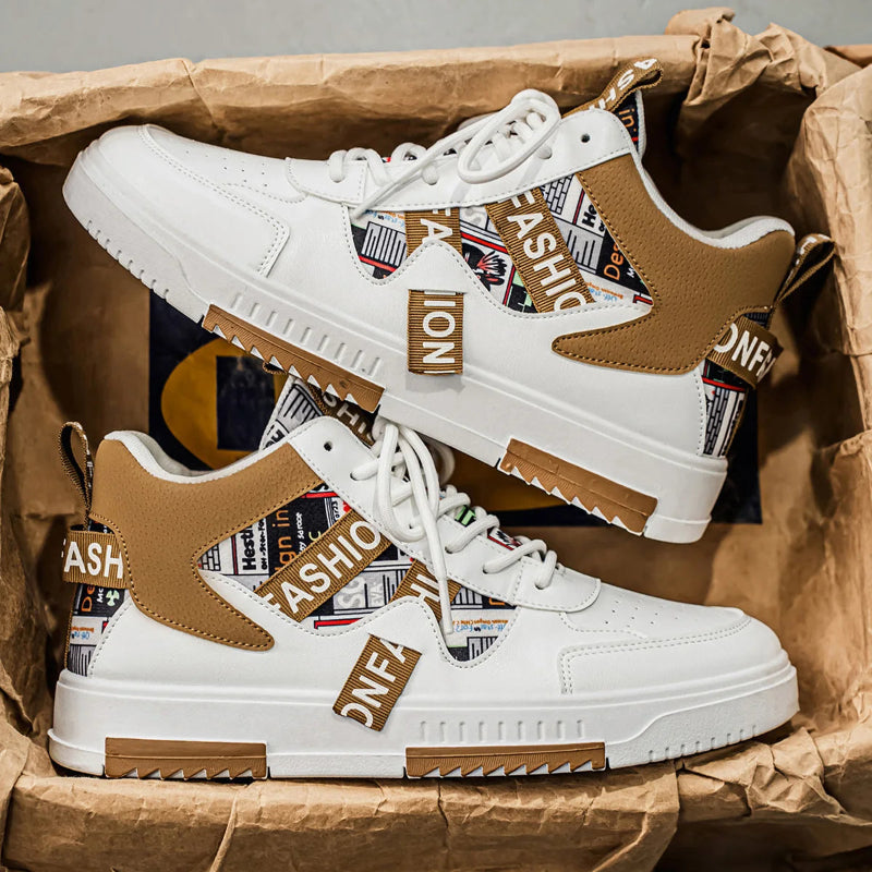 White sneakers with brown accents and newspaper print on a brown paper bag background