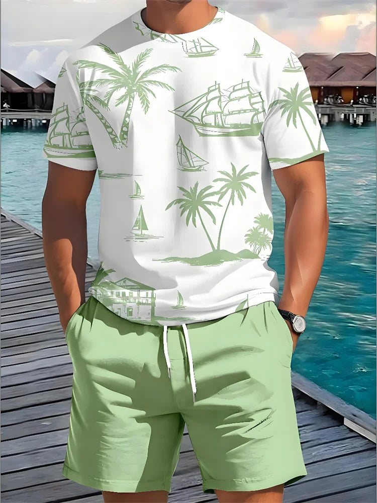 Men's Summer Fashion Casual Loose-Fit Set Plus Size Coconut Grove Print Crew Neck Short Sleeve Drawstring Shorts Two-Piece Set