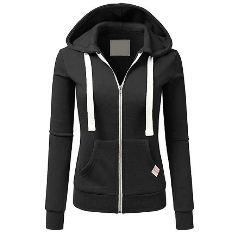 Black hoodie with white drawstrings on a white background