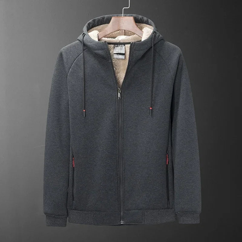 Gray hoodie with a fur-lined hood on a dark gray background