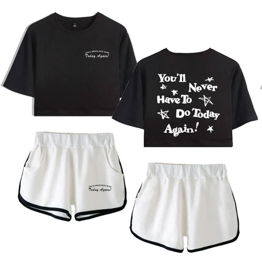 Black t-shirt and white shorts with text on a white background