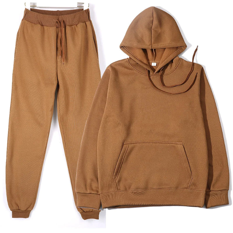 Brown hoodie and jogger pants set on a white background