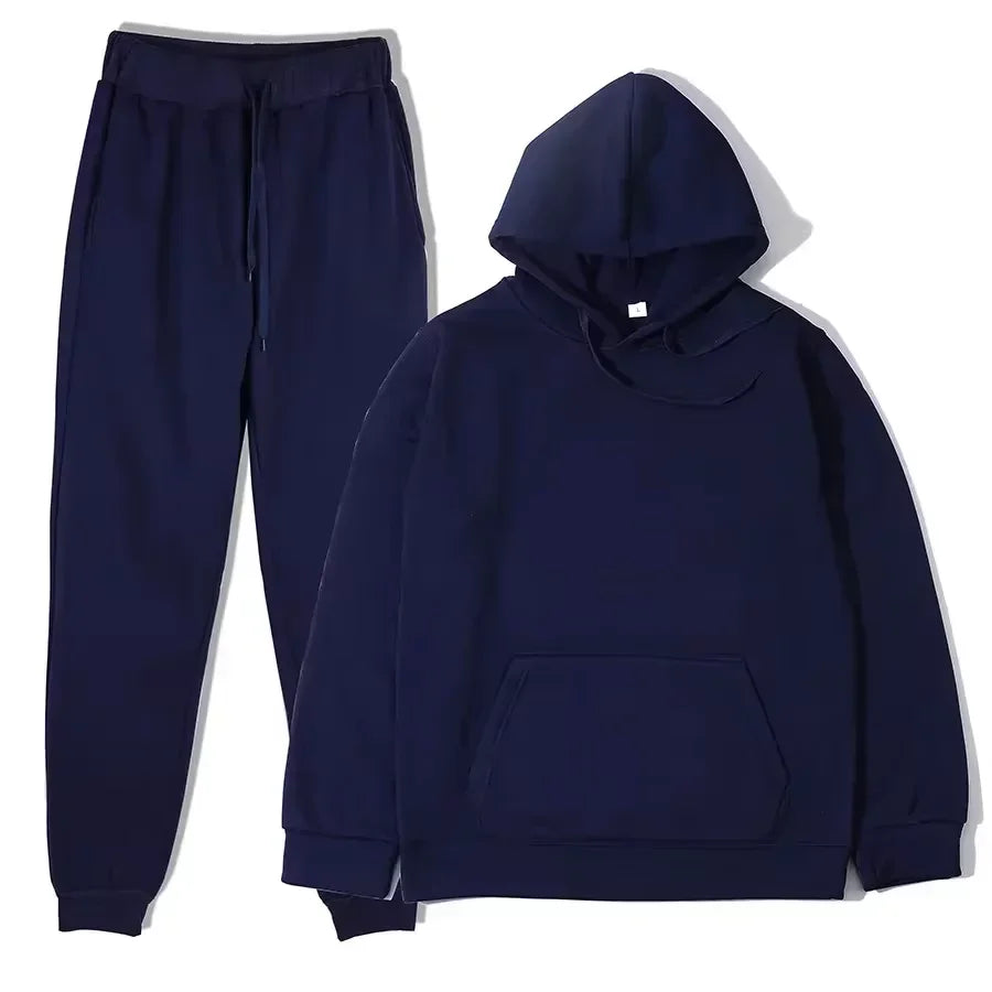 Unisex solid color fleece hoodie and pants two‑piece sports set for autumn and winter purple
