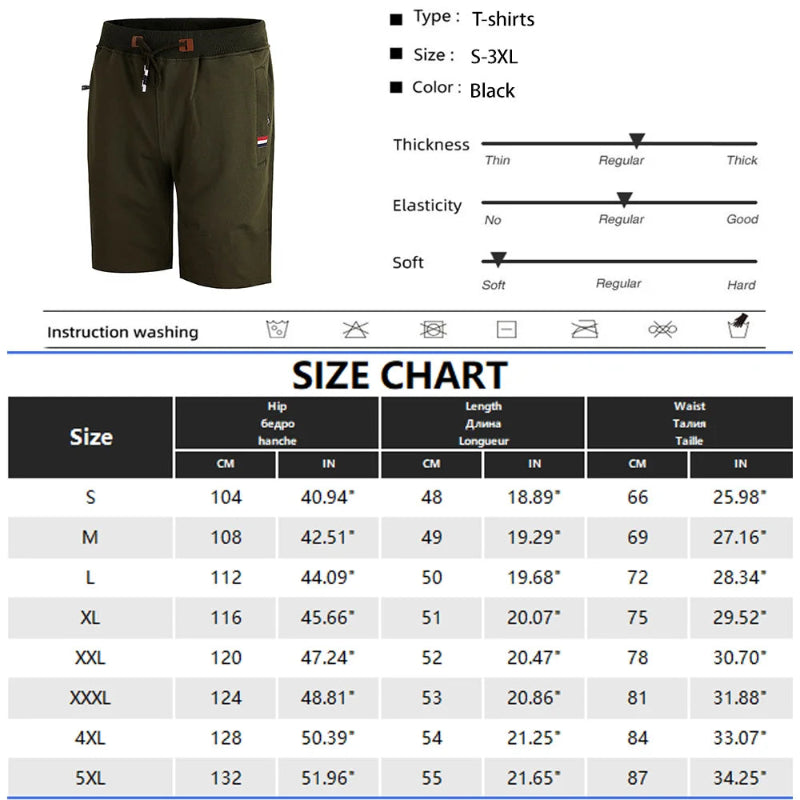 Product details of green shorts including size chart and washing instructions.