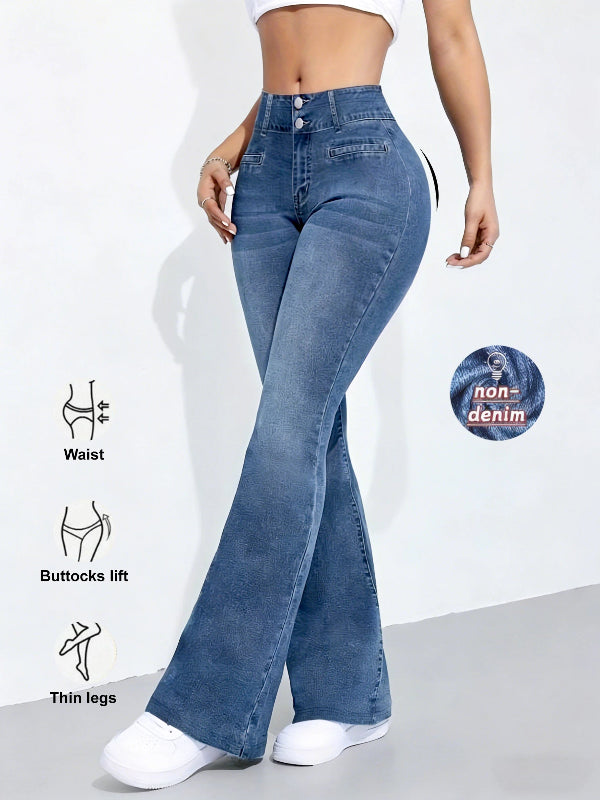 Woman wearing blue flared jeans with icons and text on a white background
