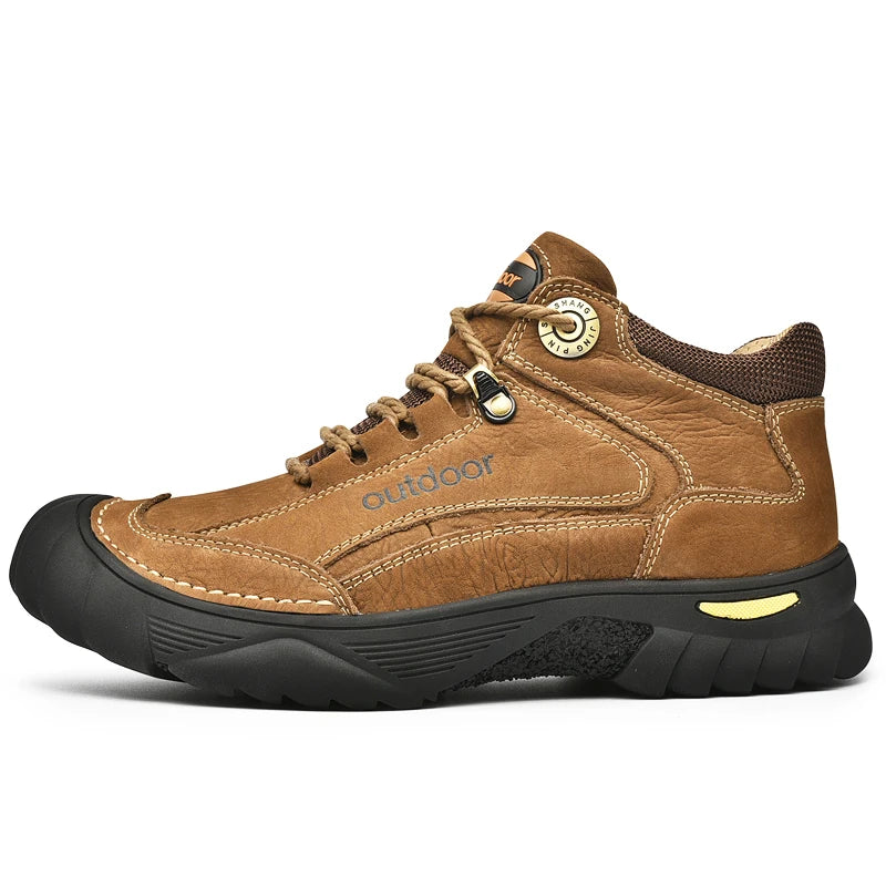 Brown leather outdoor shoe with black sole on a white background