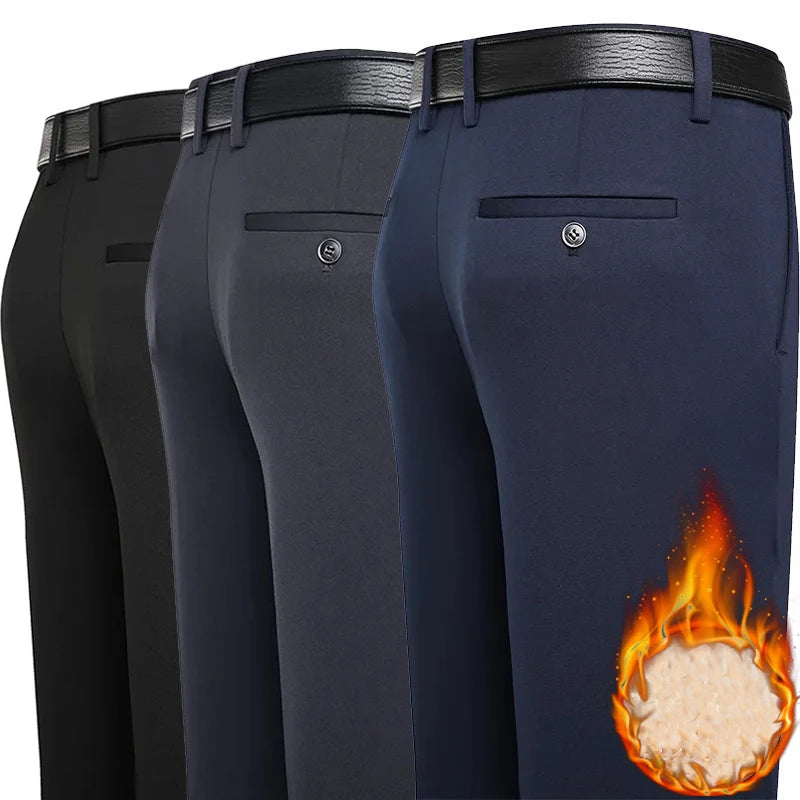 Men Fleece Pants Winter Suit Pants Office Regular Fit Stretchy Trousers Golf Thick Warm Man Black Work Formal Dress Pants