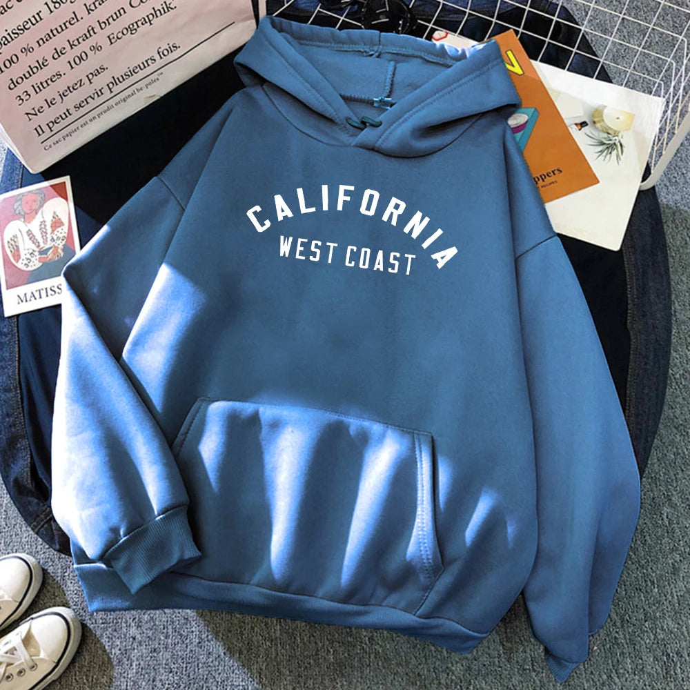 Women's California West Coast loose hoodie with creative pattern and fleece lining - blue