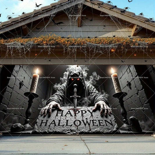 Halloween-themed decoration with a hooded figure, candles, and 'Happy Halloween' sign on a house exterior.