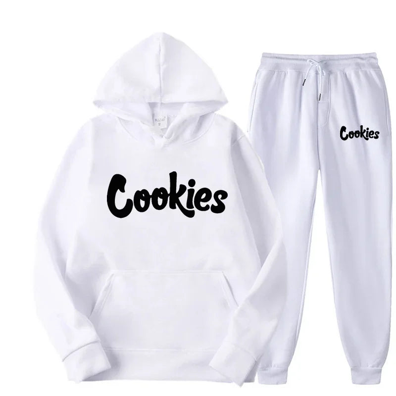 White hoodie and pants set with 'Cookies' branding on a white background