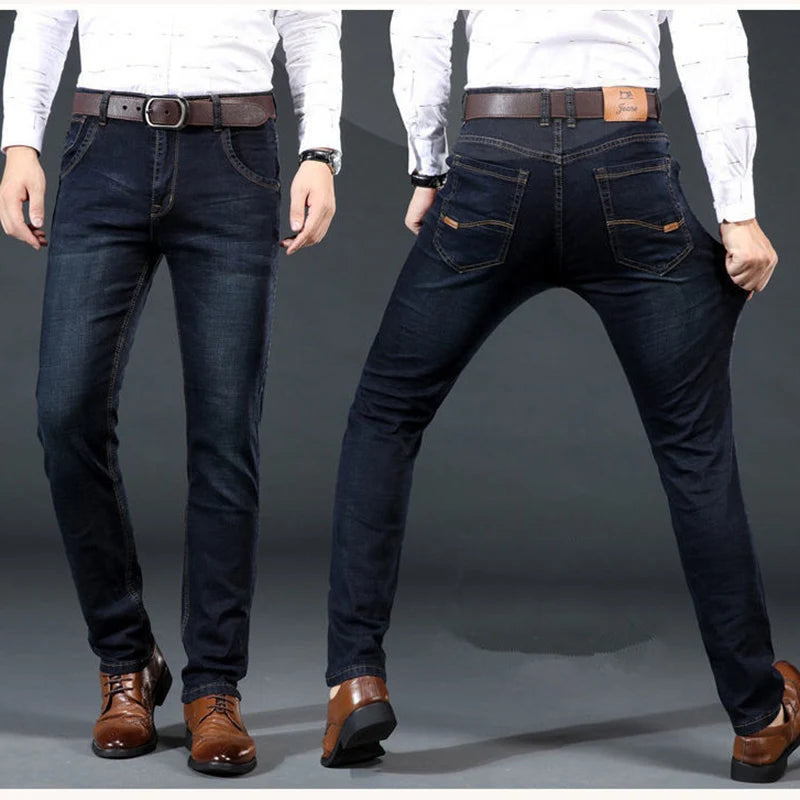 Two views of dark blue jeans worn by a person on a gray background