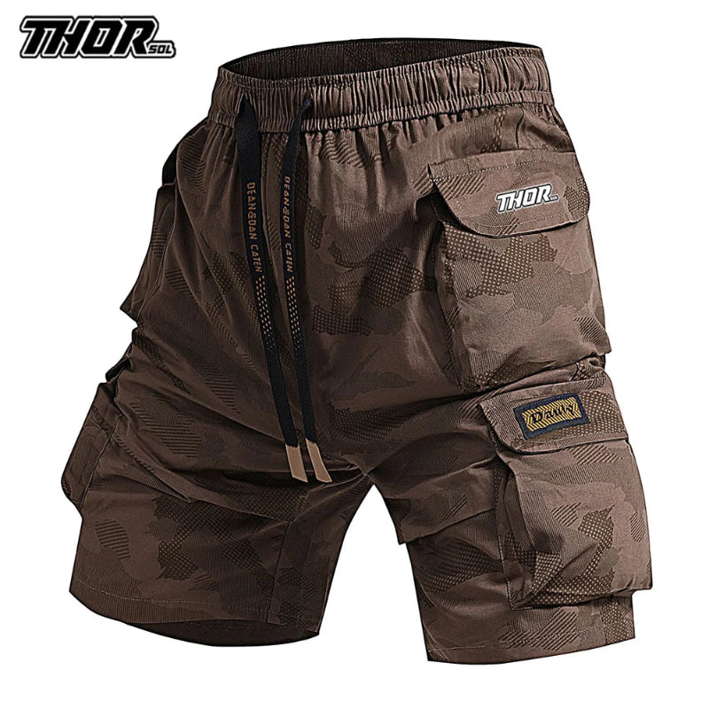 Brown cargo shorts with multiple pockets and visible branding on a white background