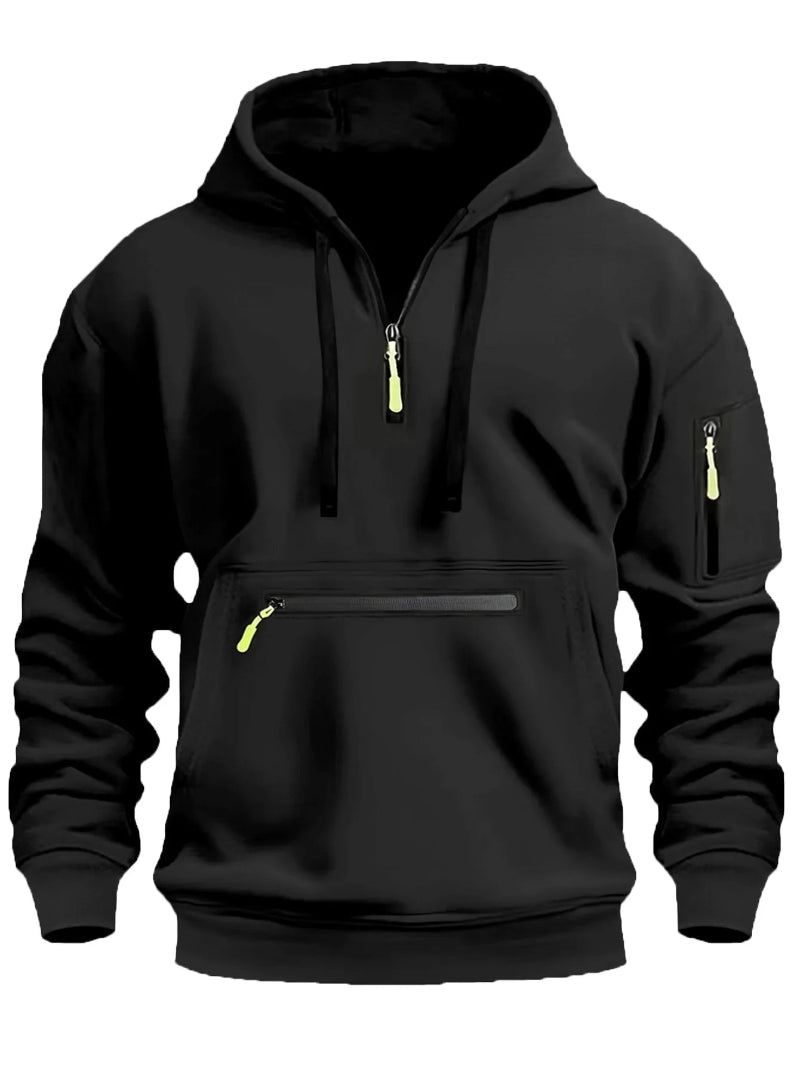 Black hoodie with yellow zippers on a white background