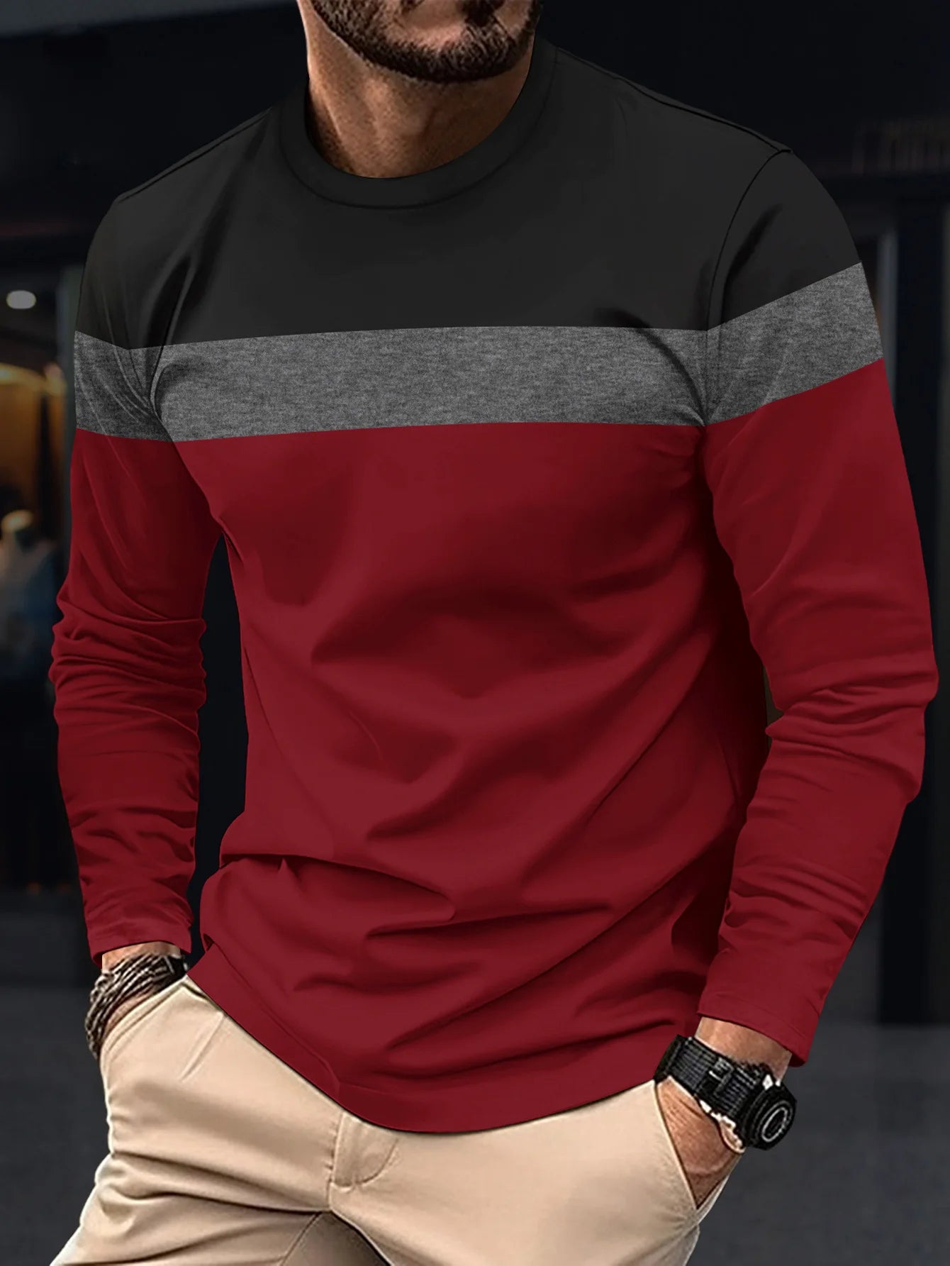 New Men's Casual Round Neck T-shirt Breathable, Comfortable, and Fashionable Long Sleeved T-shirt trend versatile casual tops
