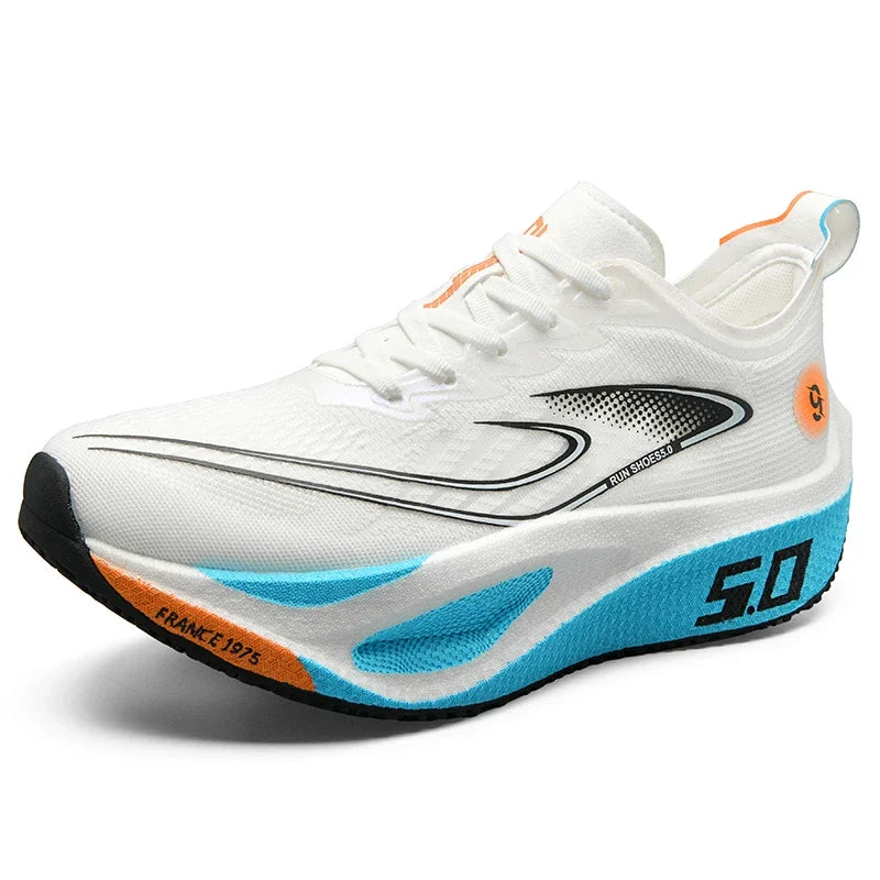 White running shoe with blue sole and orange accents on a white background