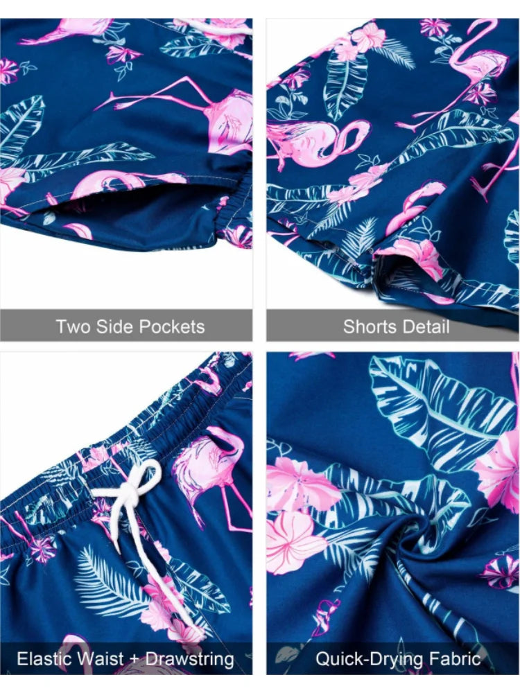 Navy blue shorts with pink flamingo and white leaf pattern, featuring two side pockets, elastic waist, drawstring, and quick-drying fabric.