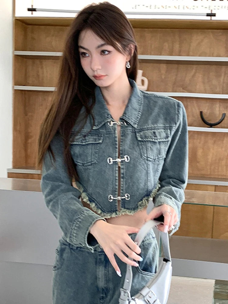 Korean‑Style Denim Coat – Metal Buckle Tassel Short Jacket Women