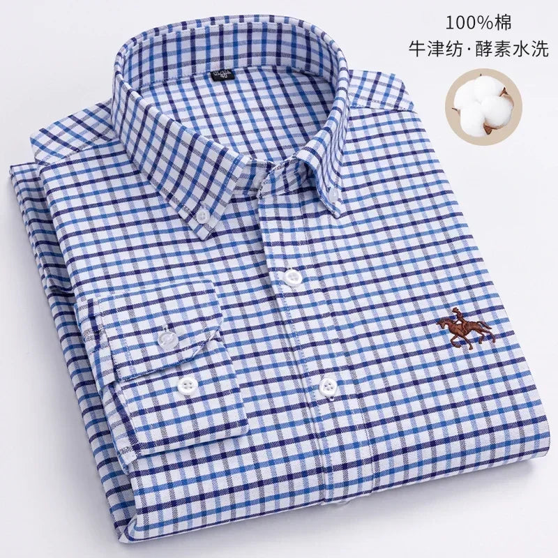 Men’s Oxford Cotton Shirt – Long Sleeve Embroidered Horse Design