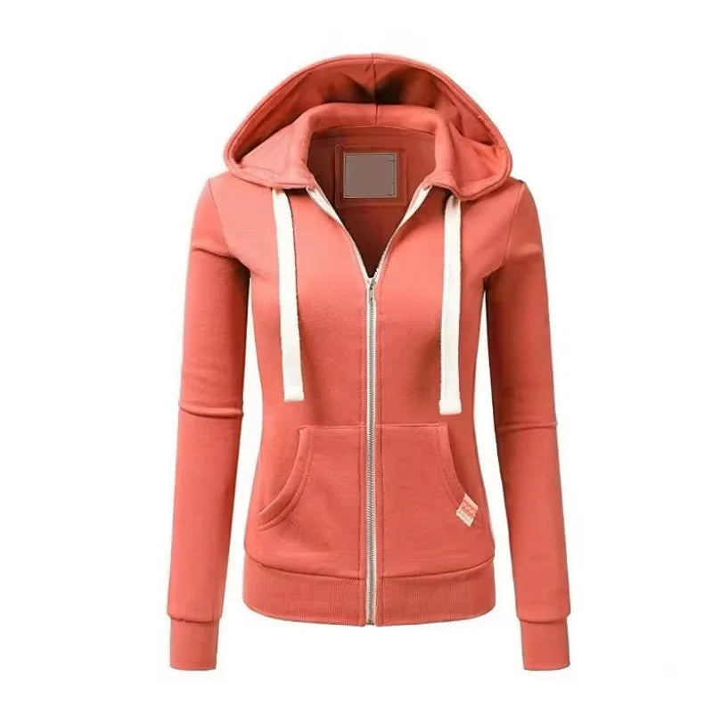 Coral hoodie with a white zipper on a white background