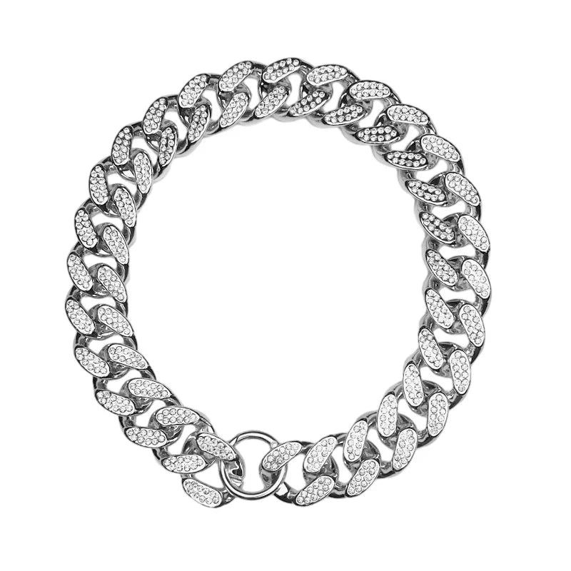 Golden ABS plastic dog collar with diamond inlay sparkle, chain design, suitable for small to large dogs and cats, stylish pet accessory. - 08