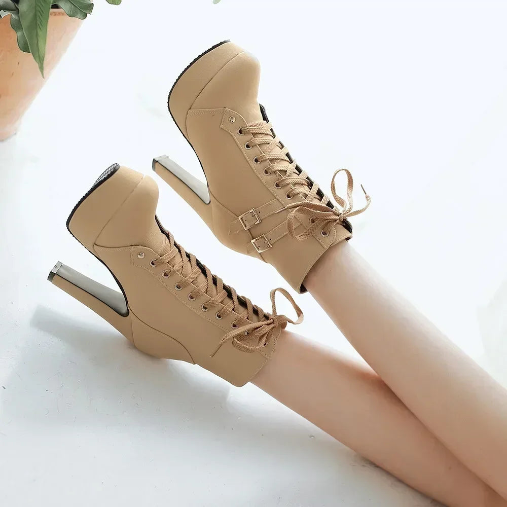 Women’s lace-up ankle boots with thick sole and comfortable stiletto heels, perfect for stylish everyday wear- 3 beige