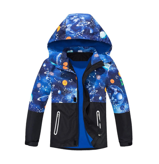 Space-themed jacket with galaxy design on a white background