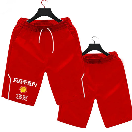 Red shorts with Ferrari, Shell, and IBM logos on a white background