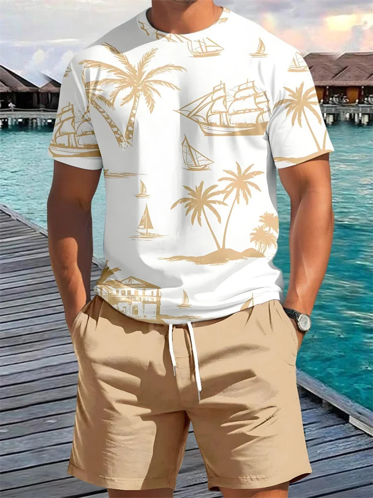 Men's Summer Fashion Casual Loose-Fit Set Plus Size Coconut Grove Print Crew Neck Short Sleeve Drawstring Shorts Two-Piece Set