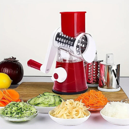 Manual vegetable cutter and slicer with 3 sharp drums for cheese, garlic, potato, multifunctional kitchen chopper shredder machine
