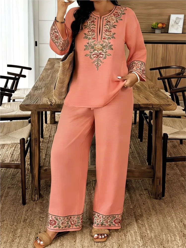 Fashion Retro Printed Long-sleeved O Neck Shirt And Trousers Women's Suit Autum Loose Simple Ethnic Female Trousers 2-piece Set