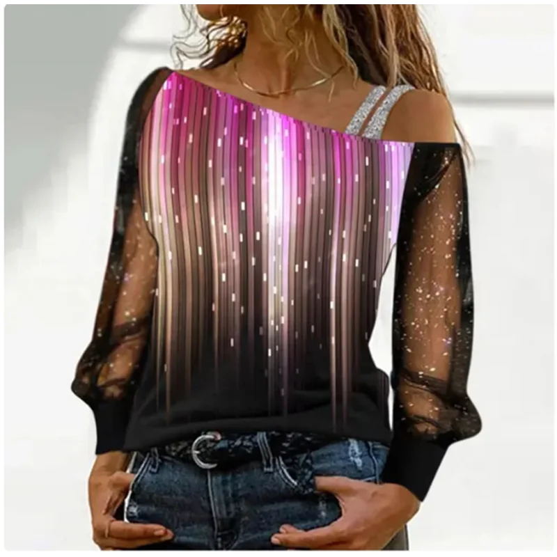 Sheer black top with pink and purple abstract pattern worn by a person.
