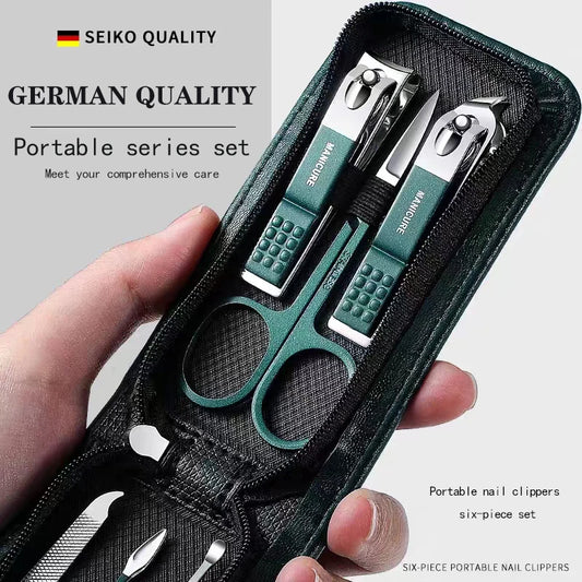 Portable nail clippers set with SEIKO quality branding on a gray background