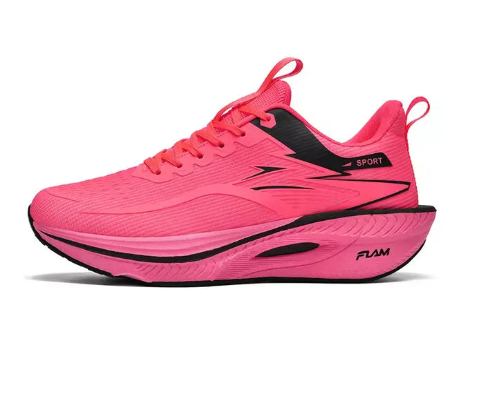 Pink running shoe with black accents on a white background
