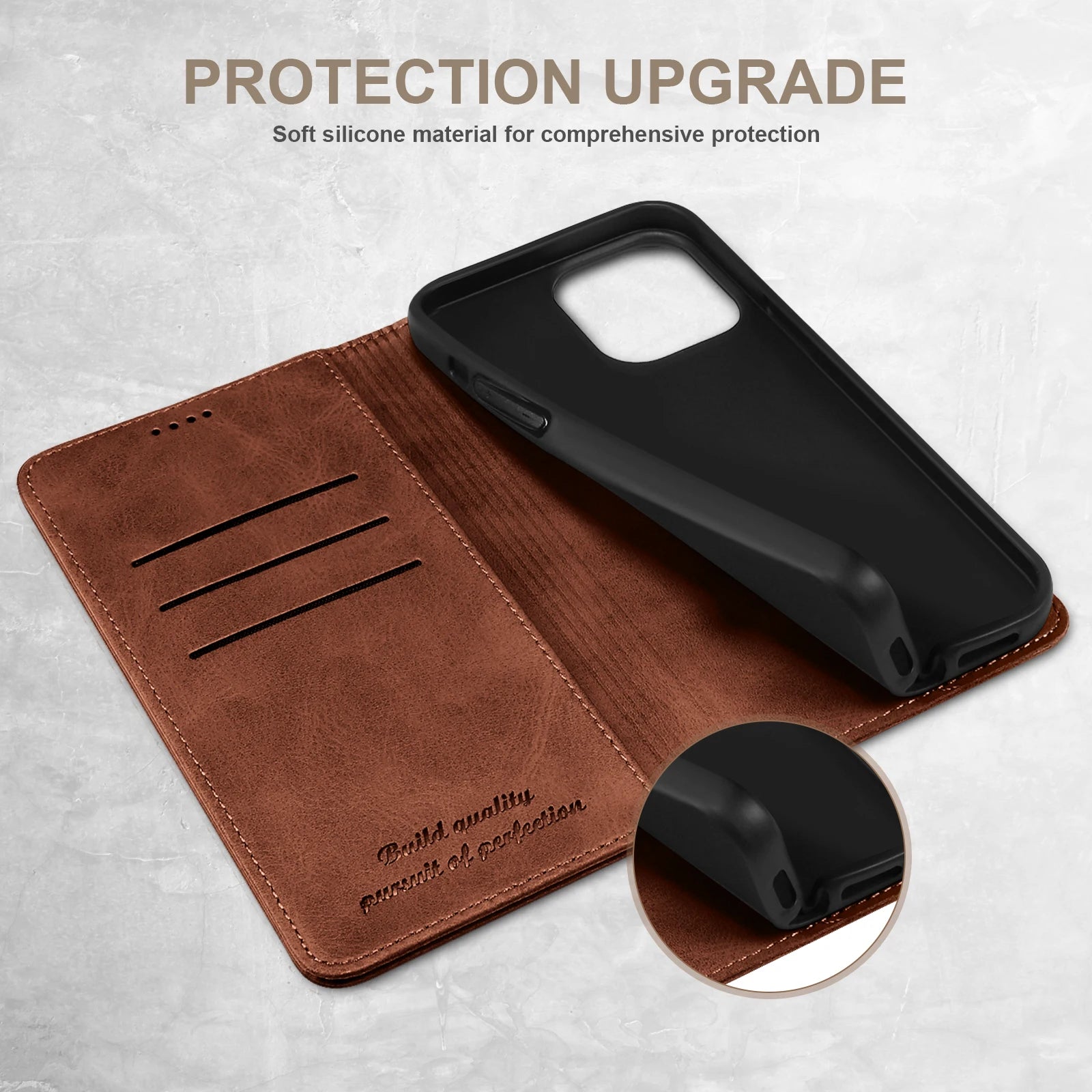 Brown phone case with black interior on a light gray background