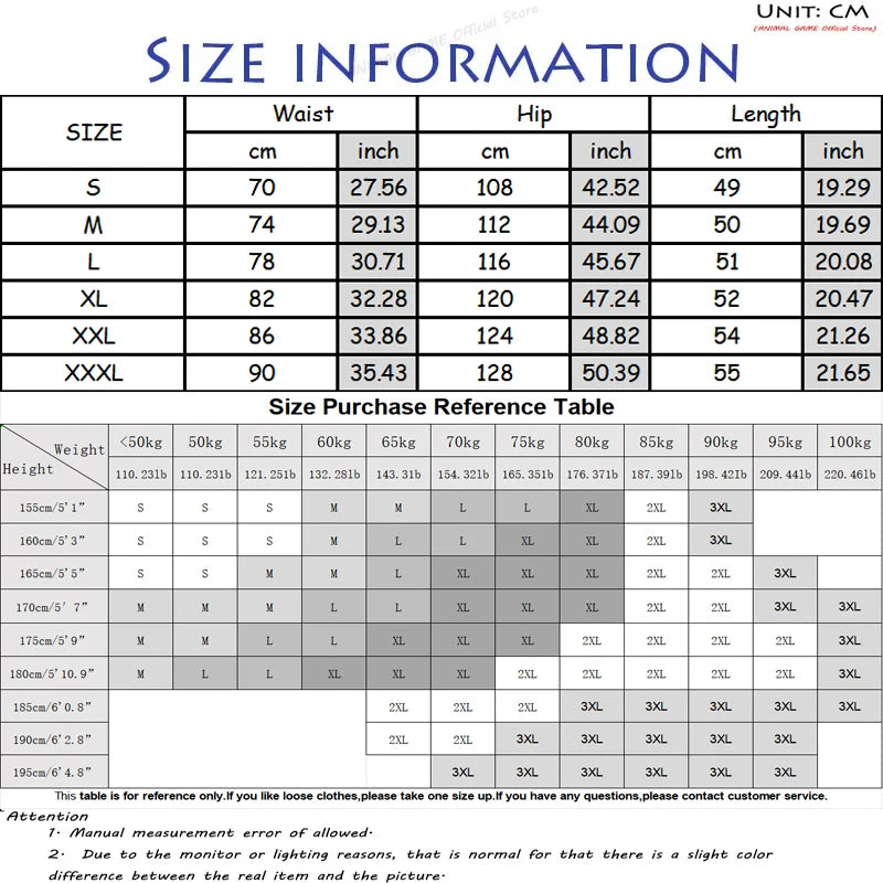 Size information chart for clothing with measurements in centimeters and inches.