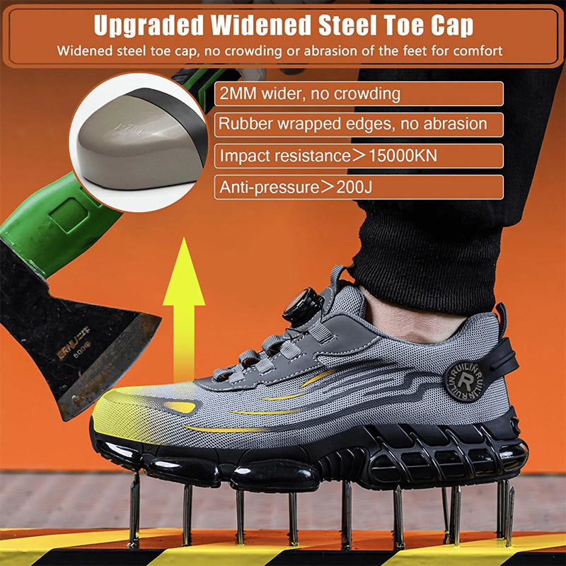Gray work boot with steel toe cap and anti-pressure feature, ax in background