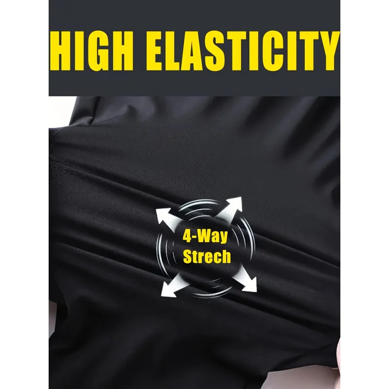 Black fabric with 'HIGH ELASTICITY' text and 4-way stretch graphic
