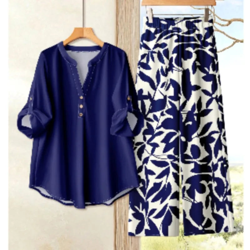 Women's Printed Three-quarter Sleeve Retro Two-piece Suit New Fashion O Neck Top Casual Woman 2 Piece Set Outfit Women Clothes