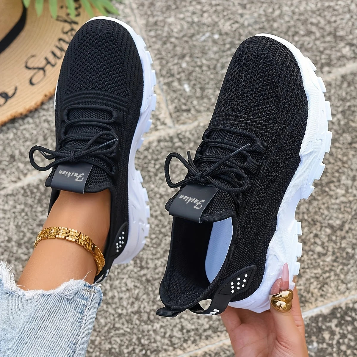 Fashion Women's Casual Knit Sneakers Breathable Lightweight Soft Sole Non Slip Outdoor Walking Shoes