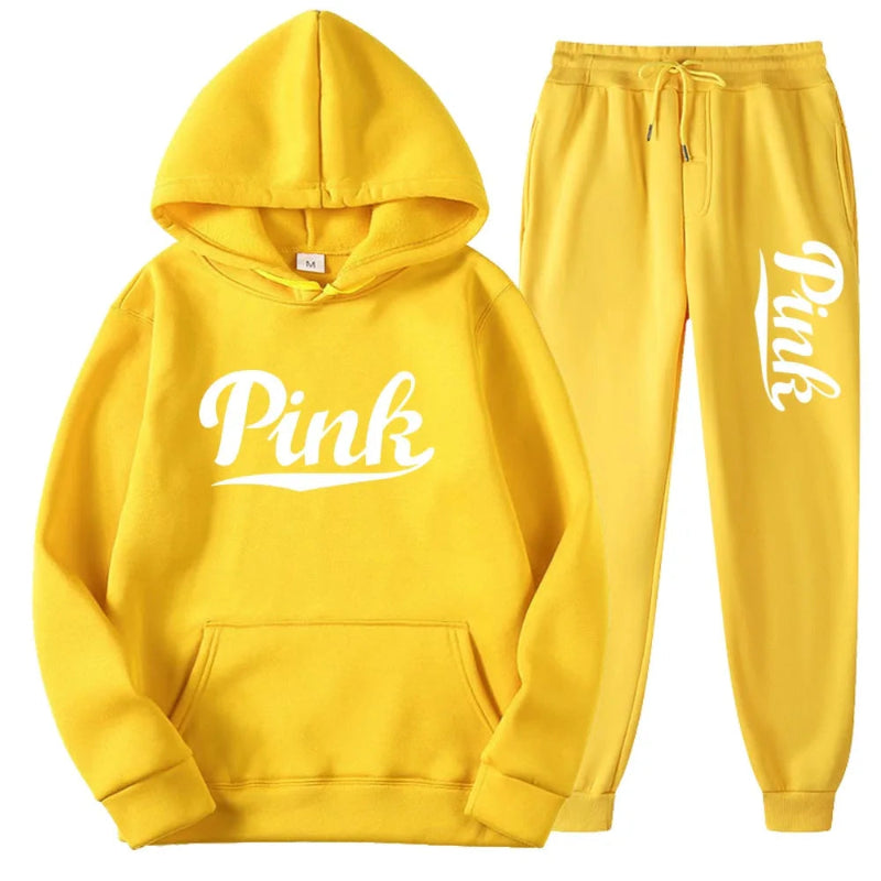 Yellow hoodie and pants set with 'Pink' text on a white background